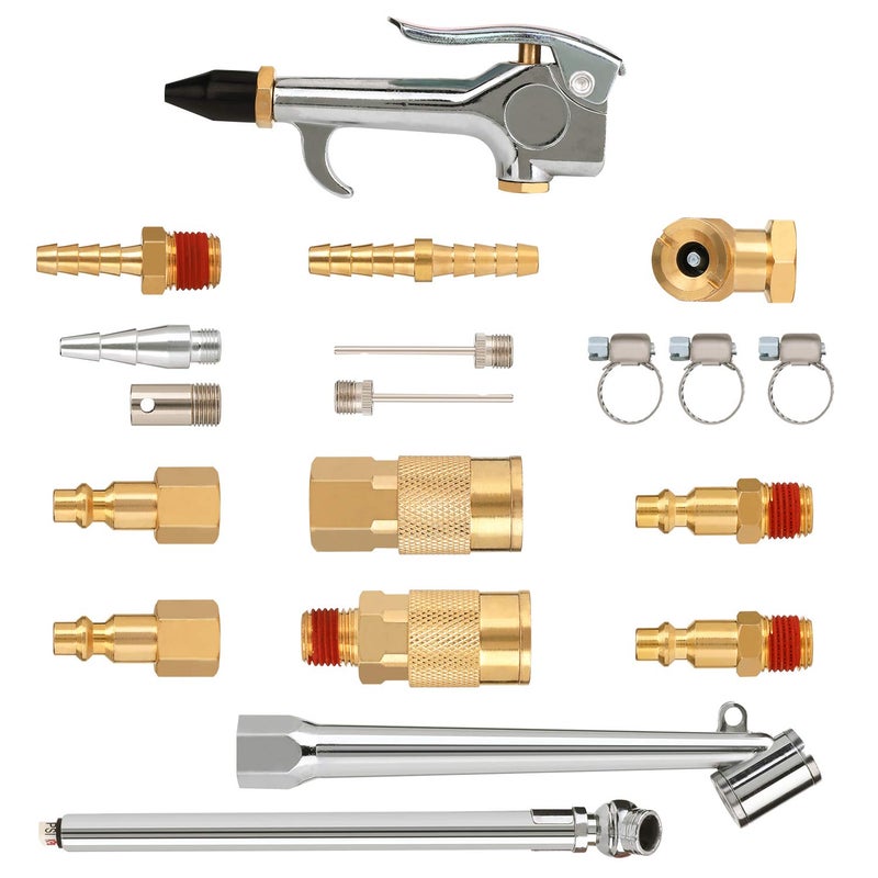 Hromee Air Hose Fittings 1/4 Inch NPT Brass Quick Connect Coupler and Plug, 20 Pieces Air Compressor Accessory Kit with Blow Gun and Tire Gauge - Image 1